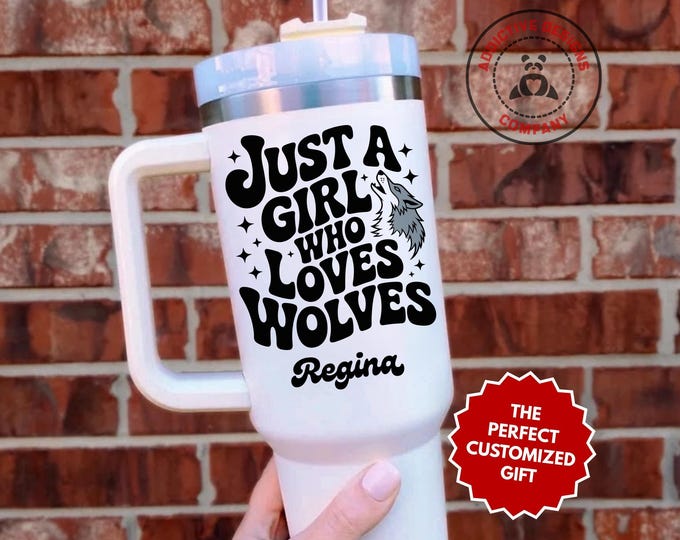 Personalized Wolf Lover Tumbler, Custom Just A Girl Who Loves Wolves 40oz Tumbler, Gift for Wolf Lover, Wolf Enthusiast Travel Mug Cup
