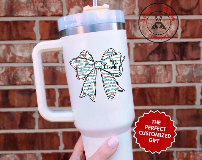 Personalized Teacher Tumbler, Custom Teach Love Inspire 40oz Tumbler, Cute Bow Teacher Gift, Back to School Cup, Teacher Appreciation Mug