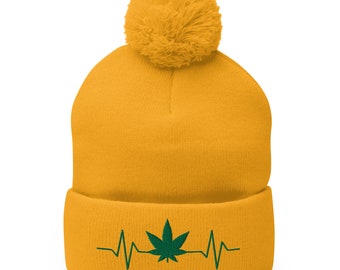 Marijuana Pom-Pom Beanie, Marijuana Winter Hat With Ball on Top for Men and Women, Funny Weed 420 Gift, Pot Leaf Beanie, Stoner Gift