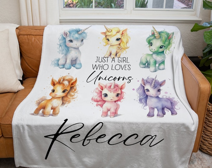 Personalized Unicorn Blanket, Custom Just a Girl Who Loves Unicorns Blanket, Unicorn Throw Blanket, Kids Unicorn Lover Gift Blanket