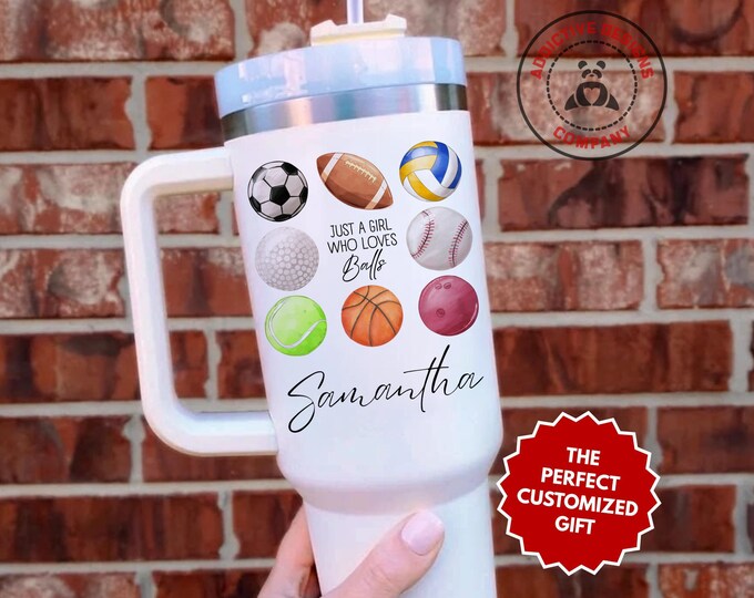 Personalized Sports Ball Tumbler, Custom Just a Girl Who Loves Balls 40oz Tumbler, Gift for Athlete Girl, Sports Fan Cup, Teen Gym Mug