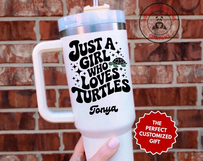 Personalized Turtle Lover Tumbler, Custom Just a Girl Who Loves Turtles 40oz Tumbler, Turtle Gift for Her, Sea Turtle Travel Mug, Turtle Cup