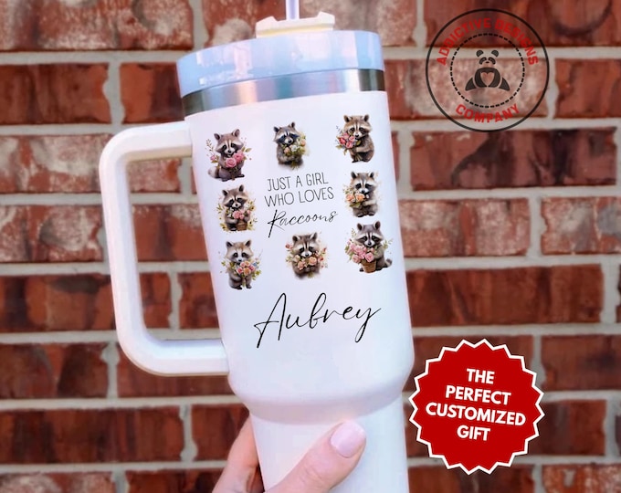 Personalized Raccoon Lover Tumbler, Just a Girl Who Loves Raccoons 40oz Tumbler, Custom Gift for Animal Lover Mug, Woodland Forest Cup