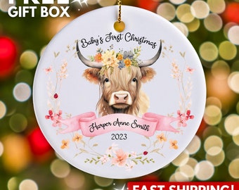 Personalized Baby's First Christmas Ornament, Girl Highland Cow Name Ornament, Custom Baby Shower Gift, Baby 1st Xmas New Parents Ornament