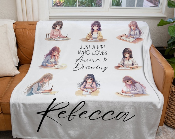 Personalized Anime and Drawing Blanket, Custom Just a Girl Who Loves Anime and Drawing Blanket, Anime Artist Throw Blanket, Kids Anime