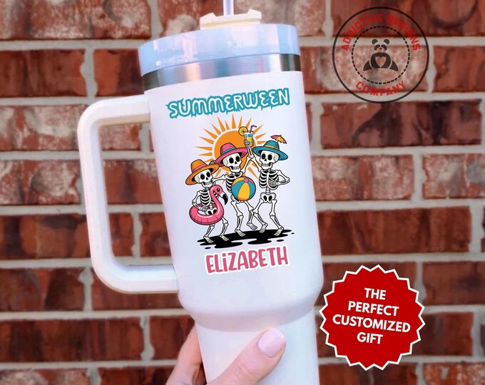 Personalized Summerween Tumbler, Custom Skeleton Beach Party 40oz Tumbler, Funny Halloween in Summer Cup, Spooky Pool Gift for Her