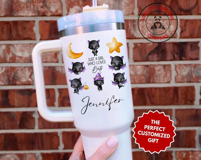 Personalized Bat Lover Tumbler, Custom Just a Girl Who Loves Bats 40oz Tumbler, Cute Halloween Gift for Girls, Spooky Animal Cup