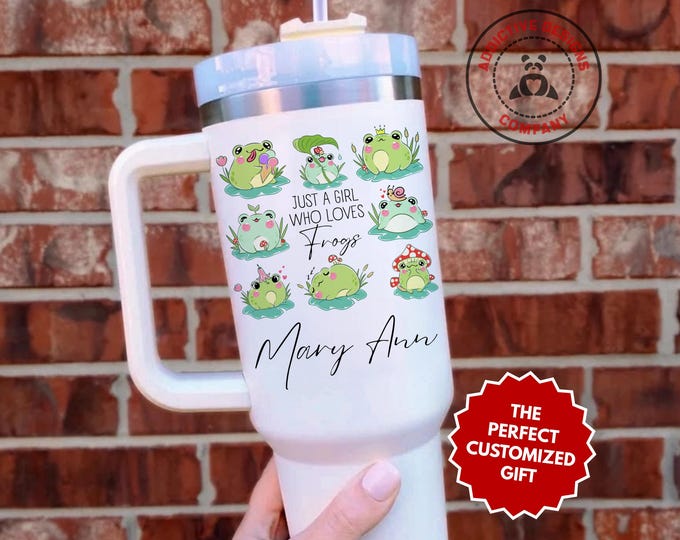 Personalized Frog Lover Tumbler, Just a Girl Who Loves Frogs 40oz Tumbler, Custom Gift for Amphibian Owner Mug, Cute Frog Aesthetic Cup