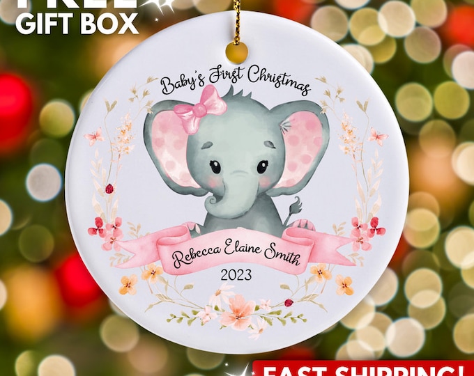 Personalized Baby's First Christmas Ornament, Baby Girl Elephant Name Ornament, Custom Baby Shower Gift, Baby 1st Xmas New Parents Ornament
