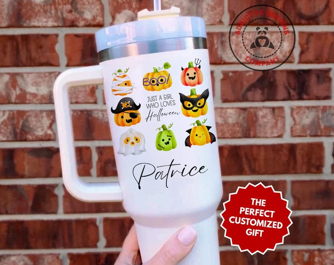 Personalized Halloween Tumbler, Just a Girl Who Loves Halloween 40oz Tumbler, Custom Gift for Pumpkin Lover Mug, Cute Spooky Season Cup