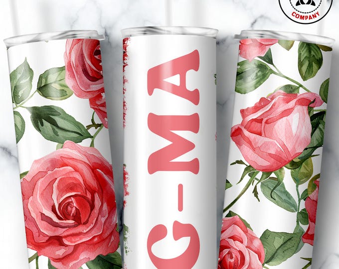 G-Ma Tumbler, Skinny Tumbler Gift for Modern Grandmother, Floral G-Ma Mug, Grandma Pink Rose Gift Cup