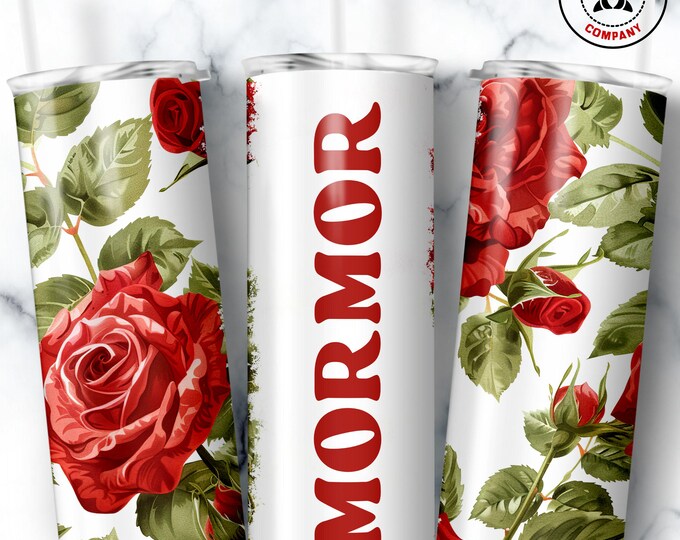 Mormor Tumbler, Skinny Tumbler Gift for Swedish Grandmother, Floral Mormor Mug, Grandma Red Rose Gift Cup