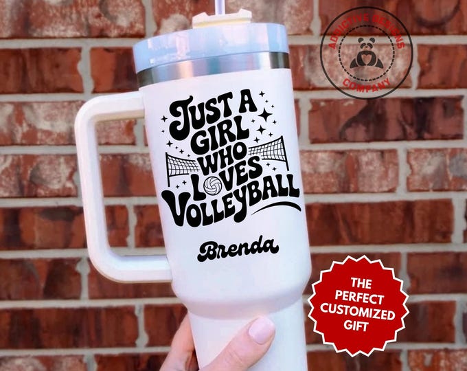 Personalized Volleyball Player Tumbler, Custom Just a Girl Who Loves Volleyball 40oz Tumbler, Gift for Volleyballer, Sports Travel Mug Cup