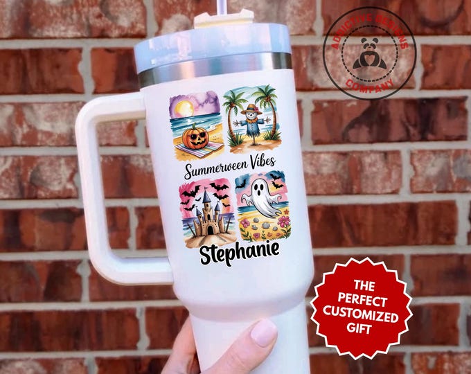 Personalized Summerween Tumbler, Custom Summerween Vibes 40oz Tumbler, Spooky Beach Scene Cup, Cute Halloween Gift, Ghost Pumpkin Mug