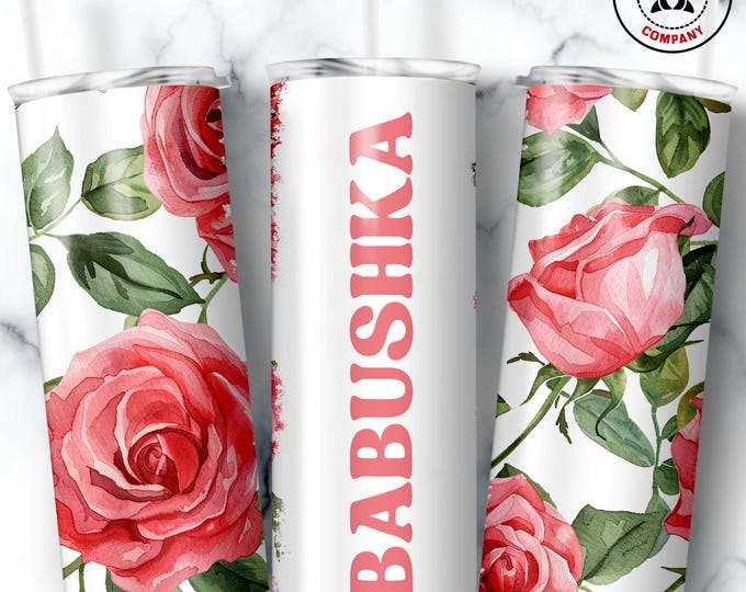 Babushka Tumbler, Skinny Tumbler Gift for Russian Grandmother, Floral Babushka Mug, Grandma Pink Rose Gift Cup