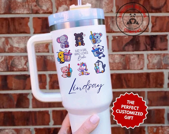 Personalized Boba Tumbler, Custom Just a Girl Who Loves Boba 40oz Tumbler, Kawaii Drink Cup, Teen Foodie Gift, Bubble Tea Lover Mug