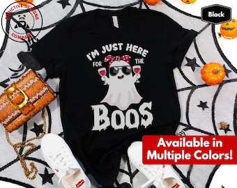 Funny Halloween Shirt, Just Here for the Boos T-Shirt, Cute Ghost Drinking Wine Tee, Halloween Party Shirts, Halloween Costume Gift