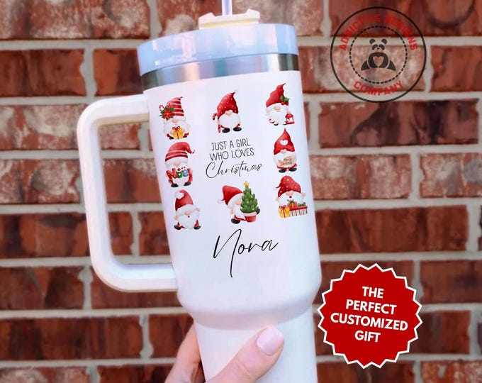 Personalized Gnome Christmas Tumbler, Custom Just a Girl Who Loves Christmas 40oz Tumbler, Cute Holiday Gift for Her, Nordic Xmas Mug