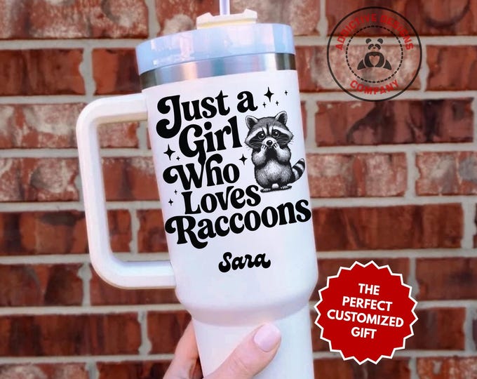 Personalized Raccoon Lover Tumbler, Custom Just a Girl Who Loves Raccoons 40oz Tumbler, Gift for Her, Animal Lover Travel Mug Cup