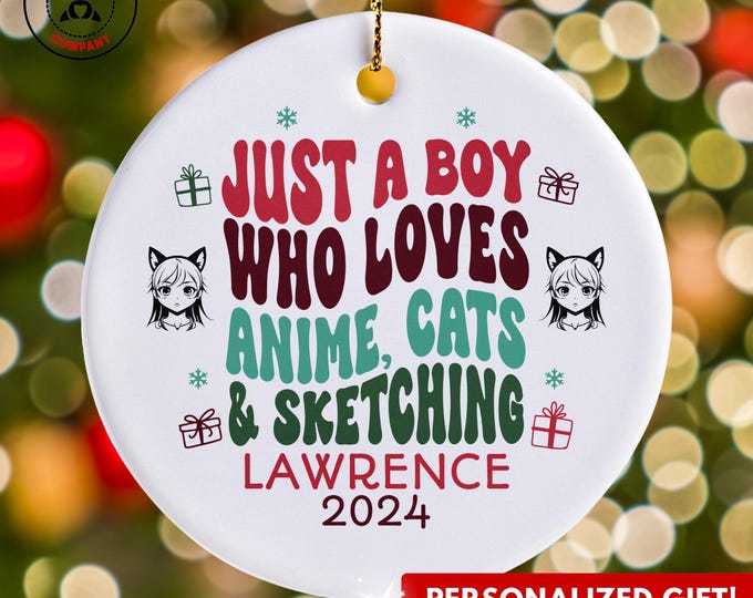 Personalized Anime Cats and Sketching Ornament, Just a Boy Who Loves Anime Cats and Sketching Ornament, Custom Gift for Artist, Funny