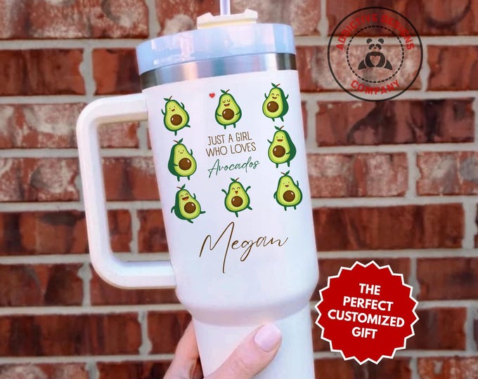 Personalized Avocado Tumbler, Custom Just a Girl Who Loves Avocados 40oz Tumbler, Gift for Foodie Girl, Fruit Lover Cup, Teen Travel Mug
