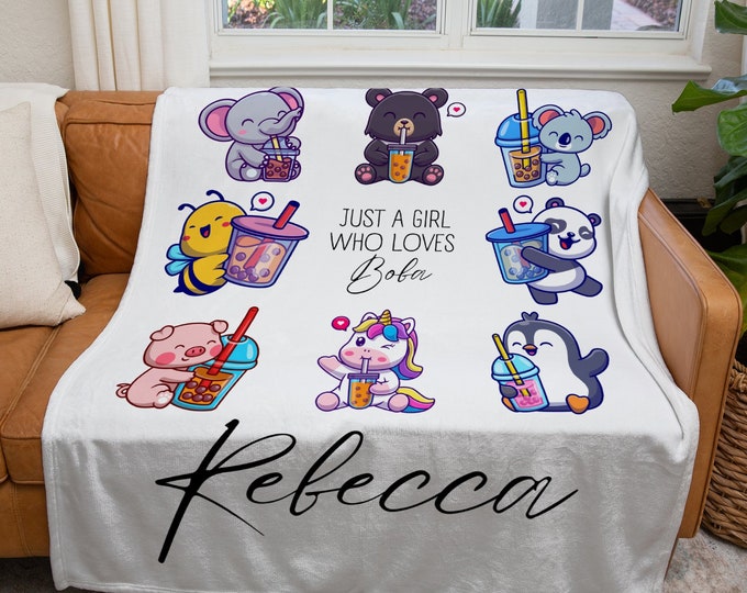 Personalized Boba Blanket, Custom Just a Girl Who Loves Boba Blanket, Bubble Tea Lover Throw Blanket, Kids Boba Lover Gift Blanket