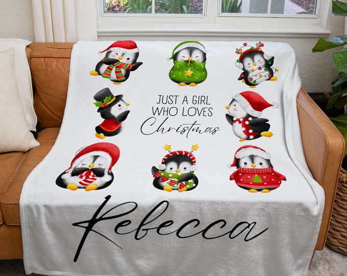 Personalized Christmas Blanket, Custom Just a Girl Who Loves Christmas Blanket, Holiday Penguin Throw Blanket, Kids Christmas Lover Gift