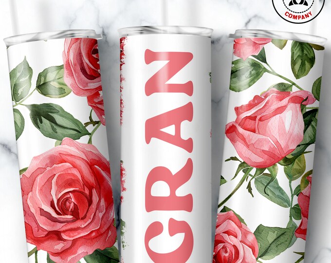 Gran Tumbler, Skinny Tumbler Gift for Grandmother, Floral Gran Mug, Grandma Pink Rose Gift Cup