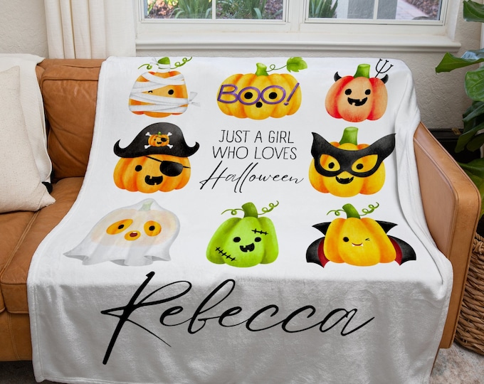 Personalized Halloween Blanket, Custom Just a Girl Who Loves Halloween Blanket, Pumpkin Throw Blanket, Kids Halloween Lover Gift Blanket