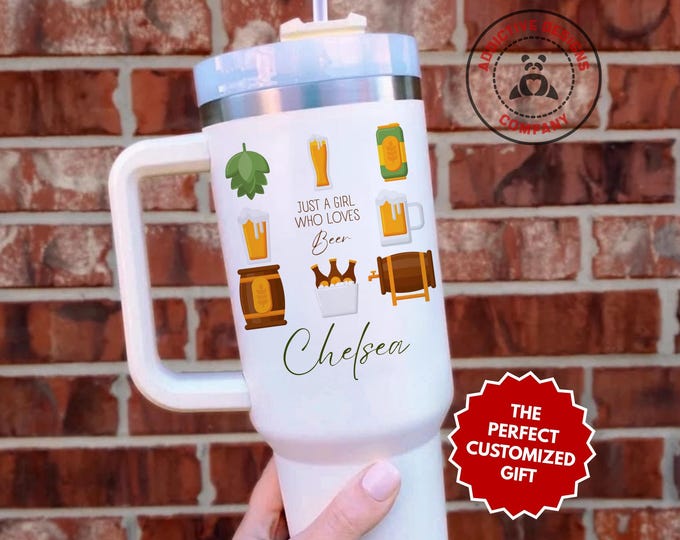 Personalized Beer Lover Tumbler, Custom Just a Girl Who Loves Beer 40oz Tumbler, Craft Brew Girl Cup, Brewery Babe Travel Mug