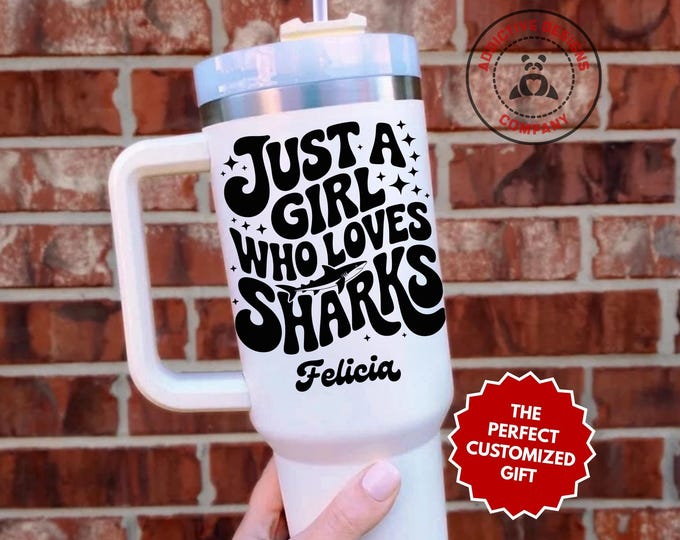 Personalized Shark Lover Tumbler, Custom Just a Girl Who Loves Sharks 40oz Tumbler, Gift for Shark Fan, Ocean Travel Mug