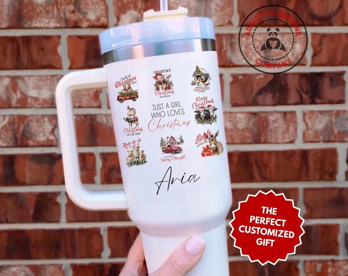 Personalized Farm Christmas Tumbler, Just a Girl Who Loves Christmas 40oz Tumbler, Custom Country Holiday Cup, Barn Animal Gift Xmas Mug