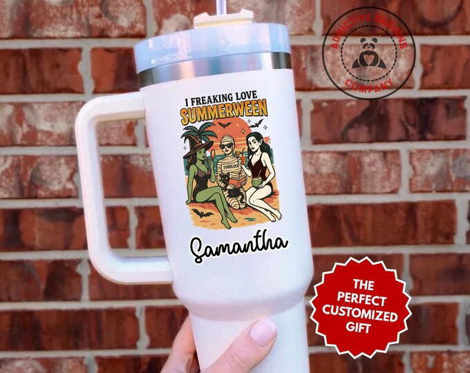 Personalized Summerween Tumbler, Custom I Freaking Love Summerween 40oz Tumbler, Monster Girl Beach Cup, Funny Spooky Gift for Her