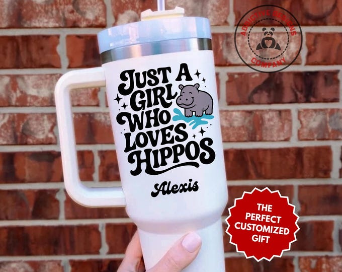 Personalized Hippo Lover Tumbler, Custom Just a Girl Who Loves Hippos 40oz Tumbler, Gift for Daughter, Kids Travel Mug Cup