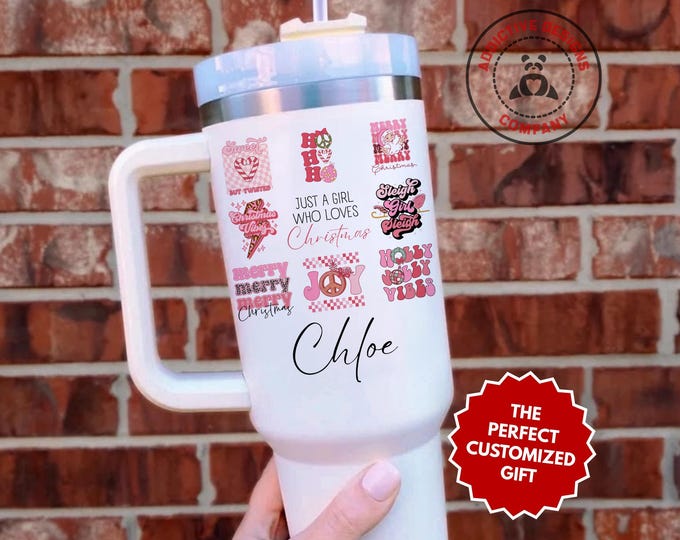 Personalized Pink Christmas Tumbler, Custom Just a Girl Who Loves Christmas 40oz Tumbler, Retro Holiday Gift for Her, Sleigh Girl Cup