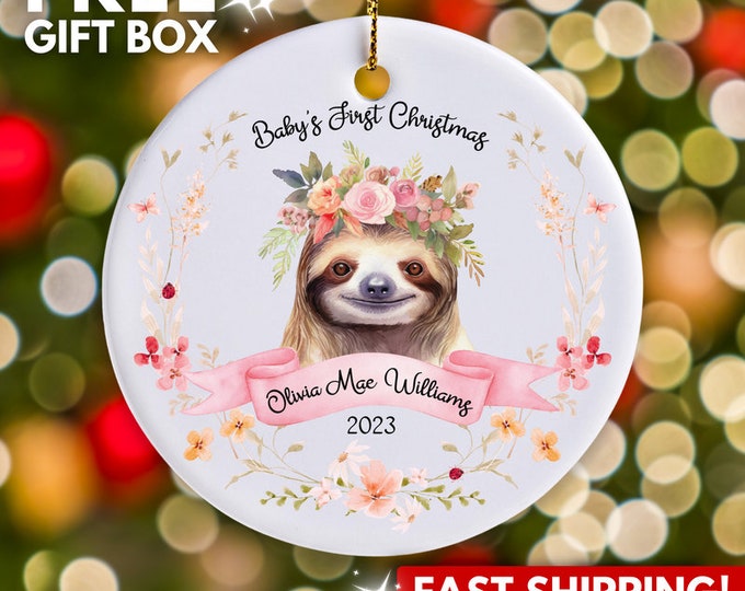 Personalized Baby's First Christmas Ornament, Baby Girl Sloth Name Ornament, Custom Baby Shower Gift, Baby 1st Xmas New Parents Ornament
