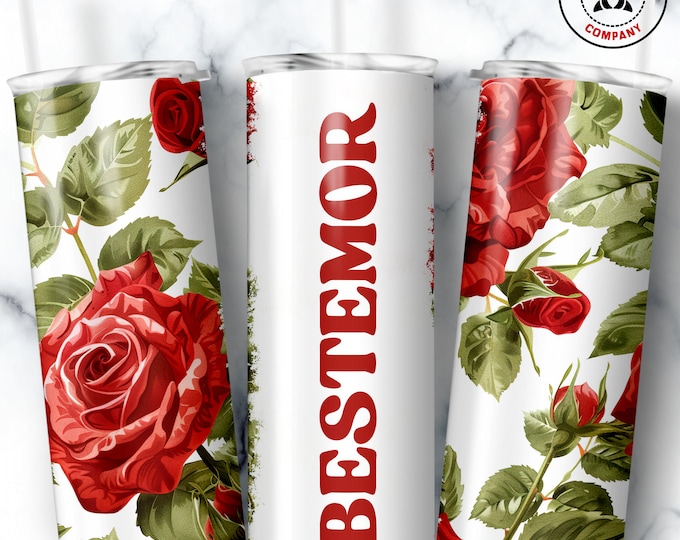 Bestemor Tumbler, Skinny Tumbler Gift for Norwegian Grandmother, Floral Bestemor Mug, Grandma Red Rose Gift Cup