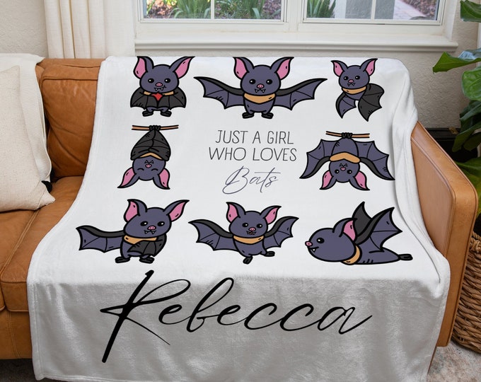 Personalized Bats Blanket, Custom Just a Girl Who Loves Bats Blanket, Halloween Throw Blanket, Kids Bats Lover Gift Blanket