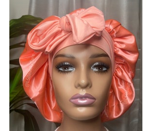 Double-layer Stretch Tie Satin Bonnet with Elastic Nape and Butterfly ties