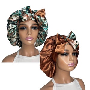 Reversible Satin Tie Bonnet | Double Layer | Adjustable Head Wrap Bonnet | Cowhide Satin Print | Reversible Brown Bonnet