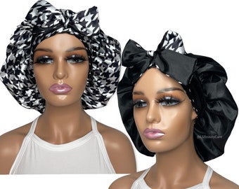 Reversible Satin Tie Bonnet | Double Layer | Adjustable Ties | Head Wrap| Houndstooth Bonnet | Black Bonnet