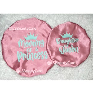 Mommy and Me Personalized Satin Bonnet Set | Adjustable Drawstring | Double Lined | Reversible | Baby Bonnet | Child Bonnet | Adult Bonnet