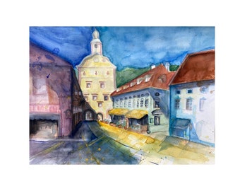 Aquarell ORIGINAL Gmünd Stadtturm 48cm x 34cm auf Papier, handgemalt