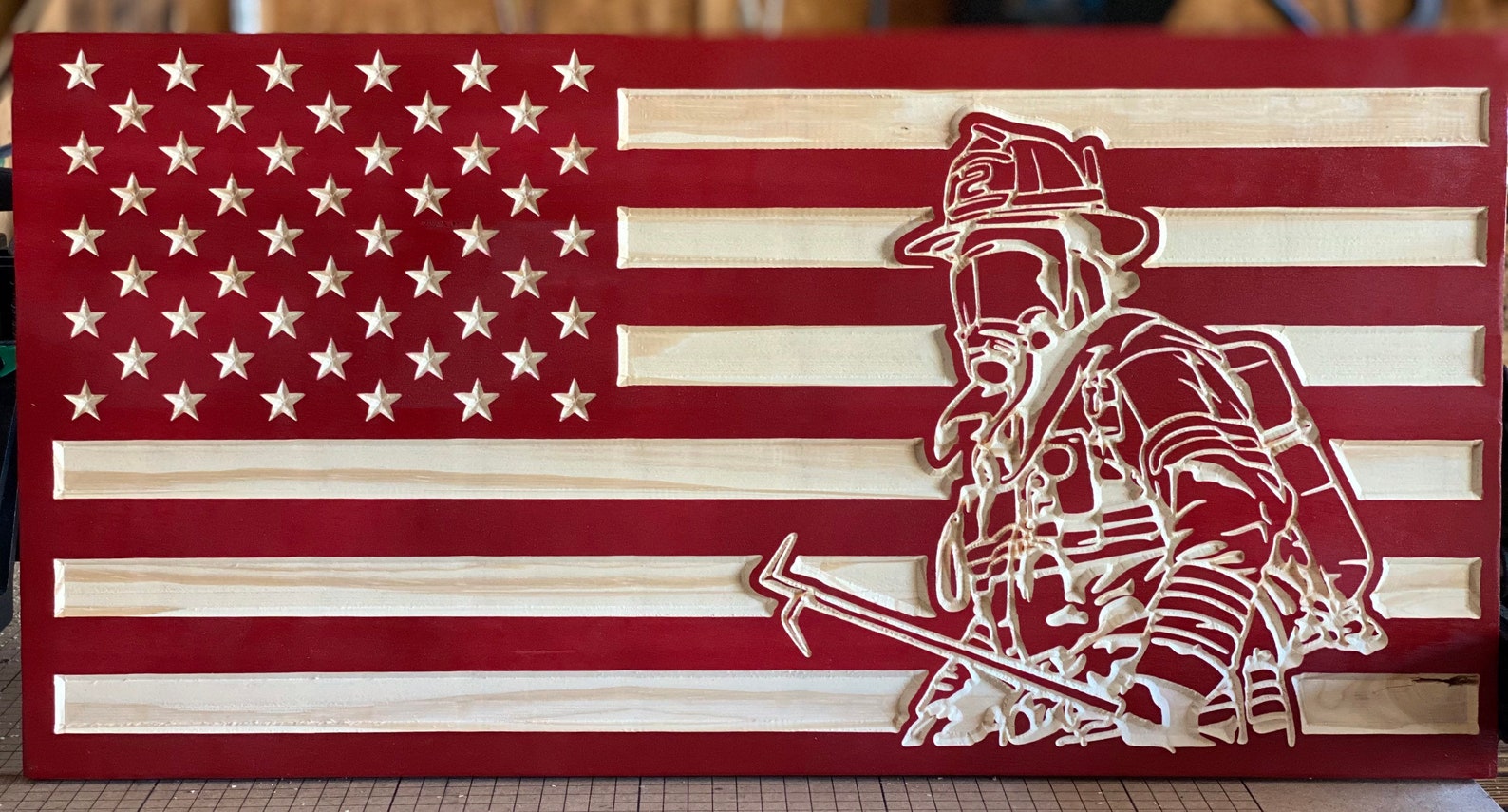 Wood Carved Firefighter Flag Etsy