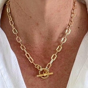 Gold chain necklace with toggle clasp, Gold toggle necklace, Gold plated necklace