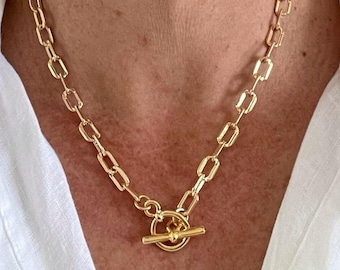 Gold chain necklace with toggle clasp, Gold toggle necklace, Gold plated necklace