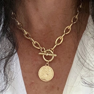 Toggle necklace with gold coin, Gold toggle necklace,  Gold chain necklace, Toggle necklace