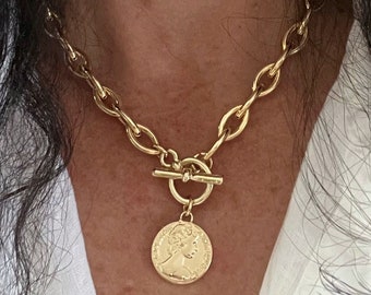 Toggle necklace with gold coin, Gold toggle necklace,  Gold chain necklace, Toggle necklace