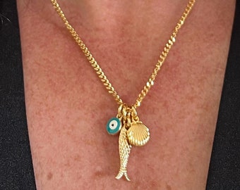 Collar de pez y mal de ojo, Collar de oro con colgante de pez y dije de concha, Collar de pez fino, Collar de oro con dije