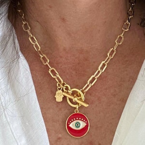 Gold and red necklace, Red necklace for women, Gold necklace with red pendant
